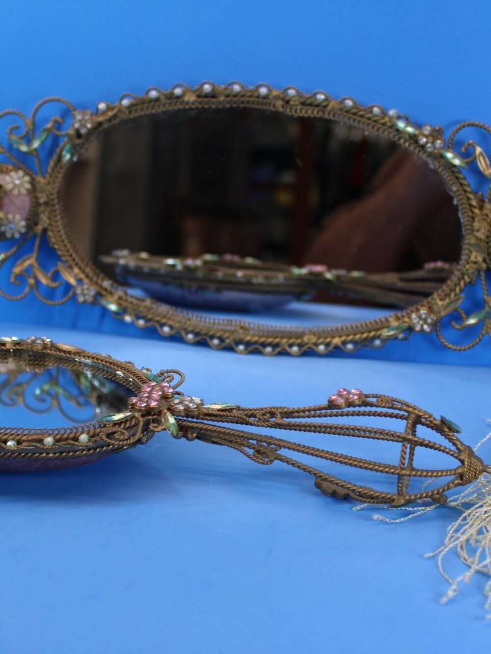 Vtg MC Victorian Revival Handheld Vanity Mirror & Table Mirror Rhinestones OLD